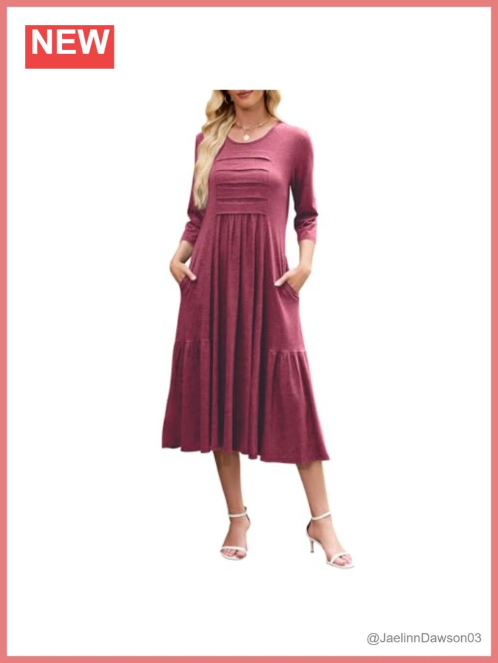 Casual Midi Dress A-Line Pleated 3/4 Sleeve Flowy T-Shirt Beach Travel with